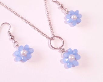 Blauwe bloem zilveren sieraden set boho vergeet me niet sieraden set oorbellen ketting blauwe kristal witte parel bloem set bruids sieraden set cadeau