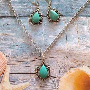 Turquoise silver Victorian jewelry set necklace earrings Boho earrings Silver turquoise pendant set turquoise necklace turquoise earrings image 6