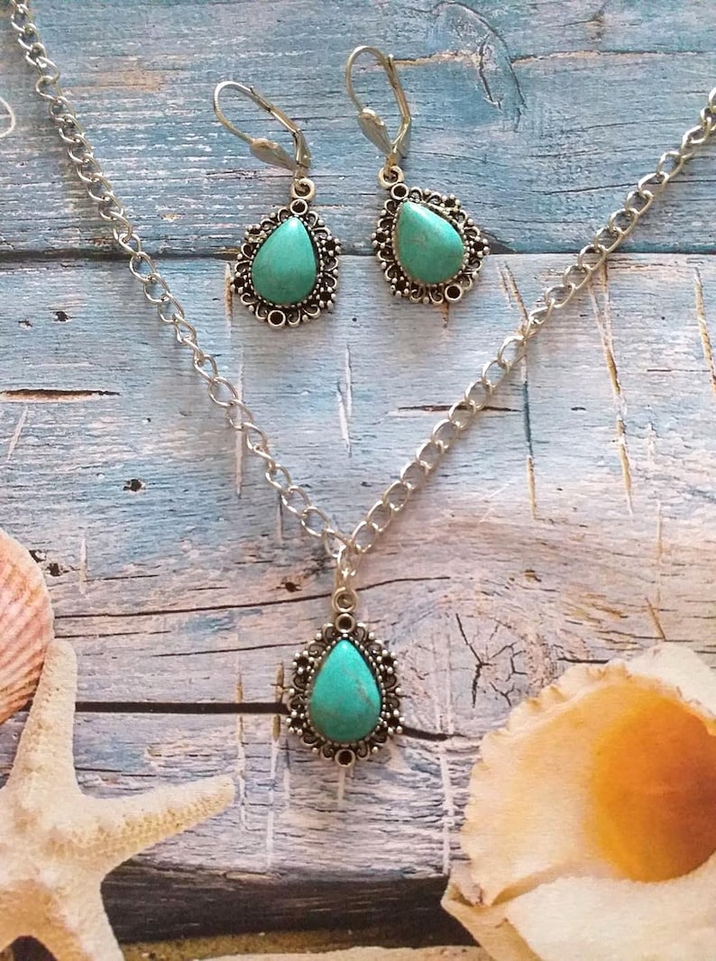 Turquoise silver Victorian jewelry set necklace earrings Boho earrings Silver turquoise pendant set turquoise necklace turquoise earrings image 6