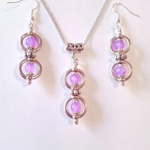 Silver hoops purple pink jewelry set necklace earrings Victorian jewelry set Boho set purple pink rose crackle glass beads jewelry set gift