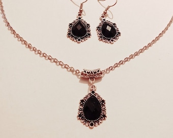 Silber Schmuck-Set Schwarz Set Halskette Ohrringe Viktorianischen Schmuck Boho-Set Silber Anhänger-Set Vintage-Stil Schmuckset