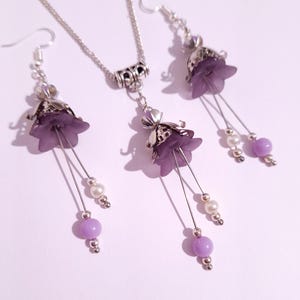 Purple flower Victorian Silver jewelry set lavender flower set necklace earrings Purple flower white pearl jewelry set Boho Silver set gift