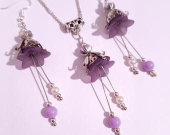 Set di gioielli in argento vittoriano con fiori viola, set di fiori di lavanda, collana e orecchini. Set di gioielli in argento con perle bianche e fiori viola, set regalo Boho.