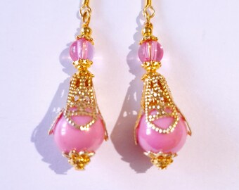 Pink Pearl Gold Victorian earrings filigree gold earrings necklace Boho pink pearl earrings Antique earrings pink jewelry gold pink earrings