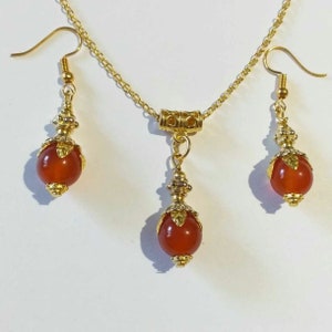 Carnelian Victorian gold jewelry set necklace earrings Boho set gold Carnelian set orange red jewelry Carnelian earring jewelry gift for her