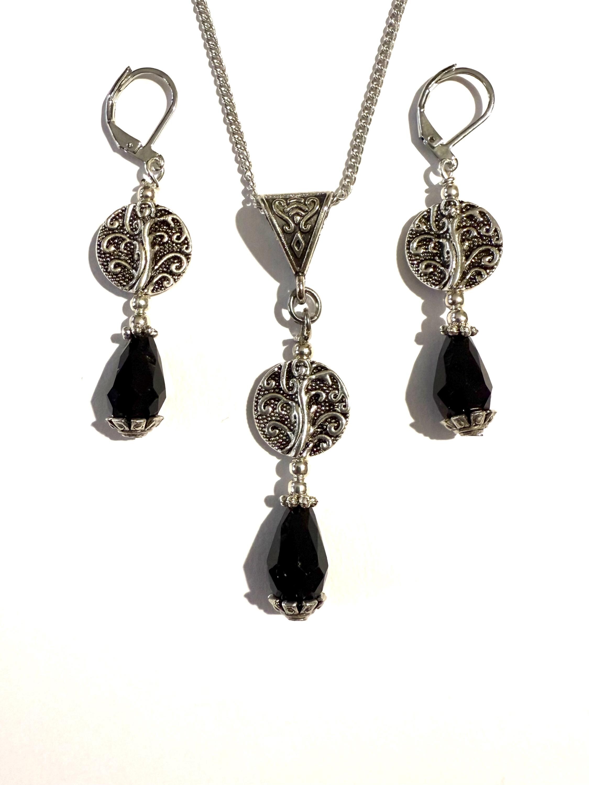 Black Crystal Silver Jewelry Set Necklace Earrings Victorian  display picture 3