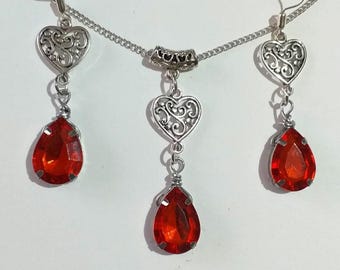 Ruby red silver jewelry set necklace earrings Victorian Heart set Bohemian set Vintage style set Red jewelry set gift for her red jewelry