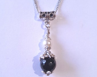 Black Onyx pearl Silver necklace jewelry set white pearl set necklace earrings Victorian jewelry Boho set Silver Onyx jewelry set gothic set