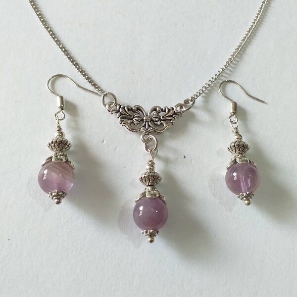 Amethyst Victorian Silver jewelry set necklace earrings Boho set Silver Amethyst set purple jewelry purple earring Amethyst jewelry gift set