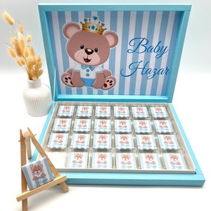 Schokobox personalisiert teddy Geburt Gastgeschenk Kindergeburtstag Taufe Hochzeit Candybar Krone blau