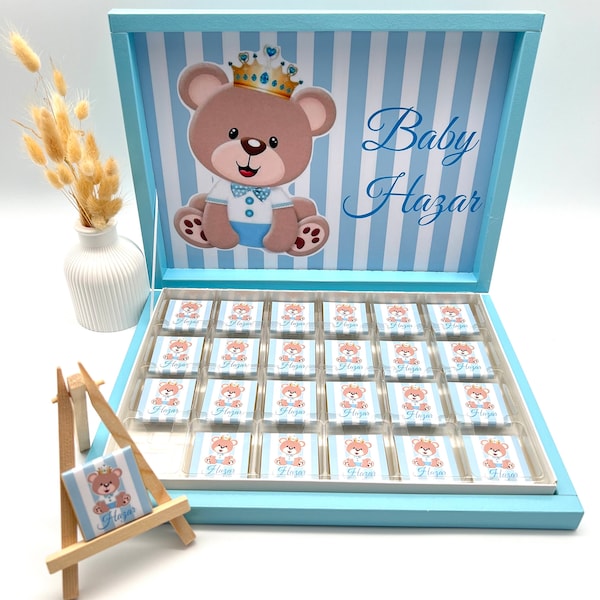 Chocolate box personalized teddy birth guest gift children's birthday baptism wedding candy bar crown blue