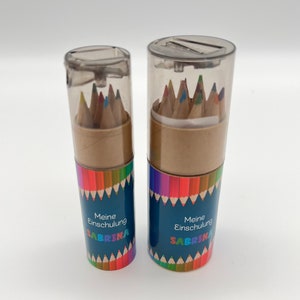 Gastgeschenk Mitgebsel Buntstife Stiftebox personalisiert Einschulung Schulkind Tischdeko
