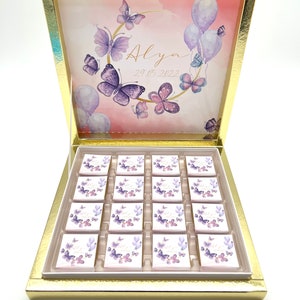Scatola di cioccolatini personalizzata con farfalle, idea regalo per compleanno bambini