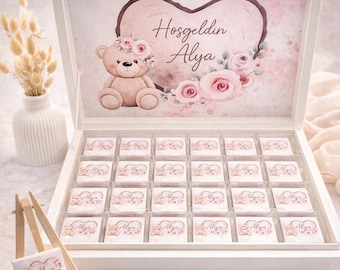Personalized chocolate box, Hosgeldin Welcome Baby Girl Taddy Bear, party favor, children's birthday, christening, wedding