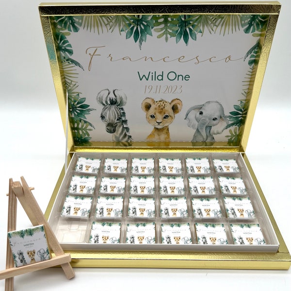 Schokobox personalisiert Safari Jungle Wild one Aquarell  in Gold Silber Weiß Rosa Gastgeschenk Kindergeburtstag Taufe Hochzeit Schokolade