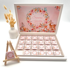 Schokobox personalisiert Geburtstag Waldtiere Reh Hase Fuchs Gastgeschenk Kindergeburtstag Taufe Hochzeit Candybar