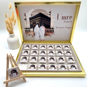 Chocoladedoos gepersonaliseerd Umrah Mubarak cadeau gastcadeau in verschillende kleuren en motieven Ümre Hediyesi Hac Umre Hediyesi