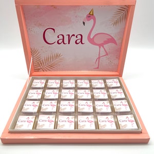 Caja de bombones personalizada con flamenco dorado para niña, regalo para invitados, cumpleaños infantil, bautizo, boda, barra de dulces