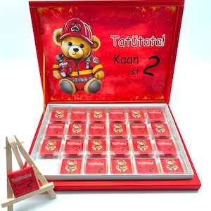 Schokobox personalisiert Teddy Feuerwehr Feuerwehrmann Alarm rot Kindergeburtstag Gastgeschenk