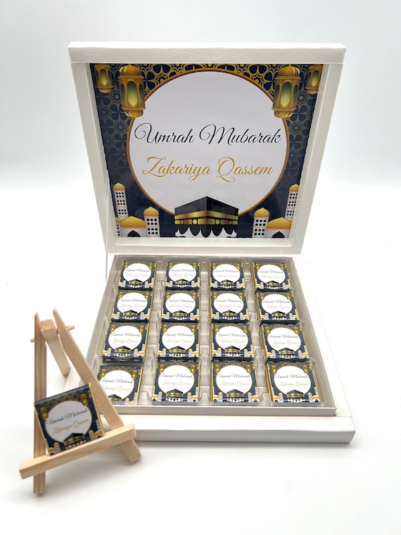 Schokobox personalisiert Umrah Mubarak Geschenk Gastgeschenk in verschiedenen Farben und Motiven Ümre Hediyesi Hac Umre Hediyesi