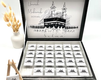 Schokobox personalisiert Umrah Mubarak Geschenk Gastgeschenk in verschiedenen Farben und Motiven Ümre Hediyesi Hac Umre Hediyesi
