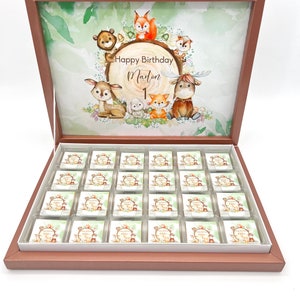 Schokobox personalisiert Waldtiere Wild one Aquarell Gold  Gastgeschenk Kindergeburtstag Taufe Hochzeit Candybar