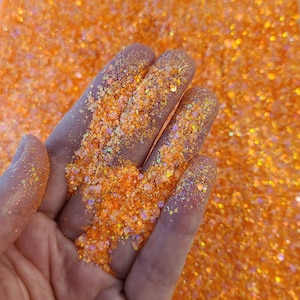 Bright Orange chunky glitter mix, Glitter face body hair nail art, Glitter tumbler resin, Craft glitter supplier, Electric Orange Glitter