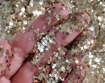 Gold Star chunky glitter, Christmas glitter face hair nail art, Loose glitter tumbler resin, Craft glitter supplier, Mini Gold Star Glitter