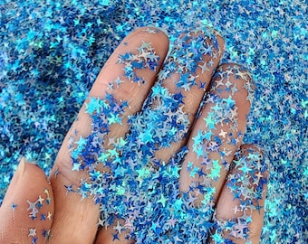 Blue 4-Point Star Glitter, Glitter for face nail art, Glitter for tumbler resin, Craft glitter supplier, Merbled Four Point Star Glitter