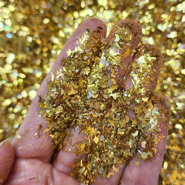 Gold Glitter Mix, Star Moon glitter for face body hair nail art, Loose glitter for tumbler resin, craft glitter supplier, Luxury Glitter