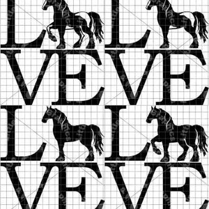 Könnte beinhalten: Schwarze Silhouette eines Pferdes mit dem Wort "glauben" viermal wiederholt, wodurch ein Design entsteht.
