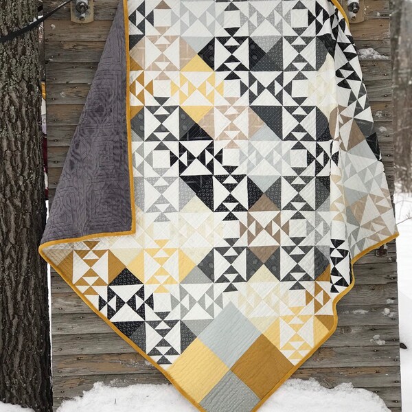 Golds & Greys Triangle Block Piecework Quilt for Sale, Couch Throw