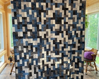 Blue and Black Brick Path Piecework Quilt for Sale