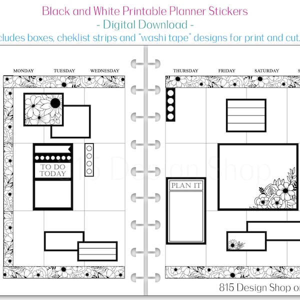 Printable Planner Stickers - Black and White Flowers -  PNG, PDF, Silhouette Studio, Cricut - Happy Planner Classic Vertical - Print and Cut