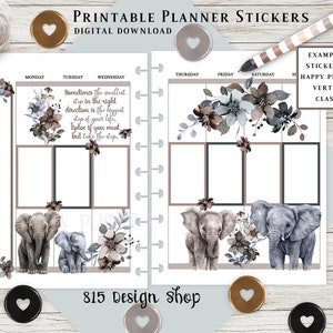 Beginner Friendly - Easy to Follow Layout - Printable Planner Sticker Set - Neutral Elephants with Florals - Happy Planner Classic Vertical