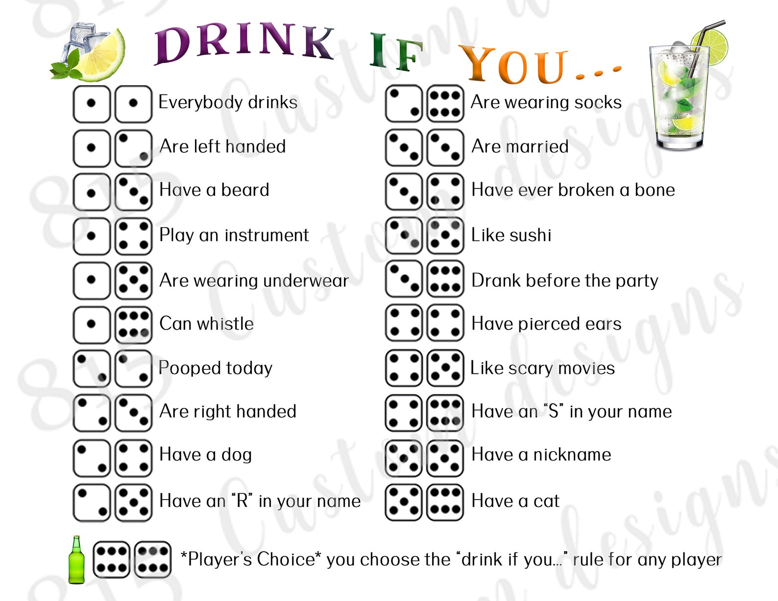 Adult Party Game Dice Drinking Game Printable Png Pdf Etsy 