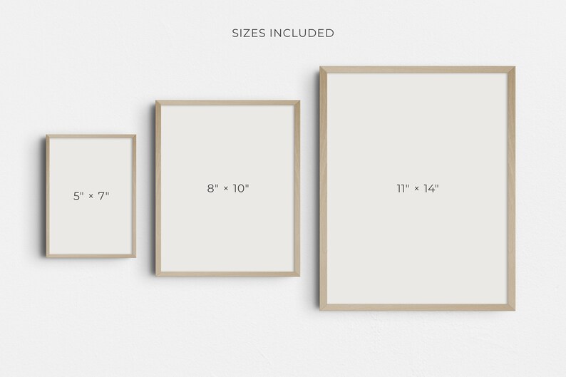 May include: Three wooden picture frames in different sizes: 5x7 inches, 8x10 inches, and 11x14 inches. The frames are all the same color and style, with a simple, modern design.
