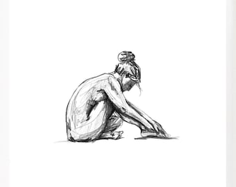 水墨画　裸女　張志中画　中国　絵画　女　裸　白黒　大きい 手描きの裸の女性像の絵のプリント。白黒のスケッチアート。彼女