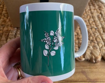 Australian native flower Christmas Mug. Green Acacia pen art. Xmas coffee tea or hot choc cup. Unique Gift or new christmas tradition