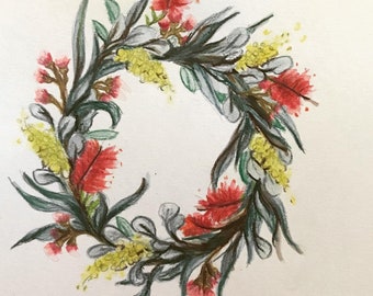 Original Australian floral wreath. Watercolour native flower drawing. Gum blossom, Bottle brush and Wattle. Unique gift, Christmas decor
