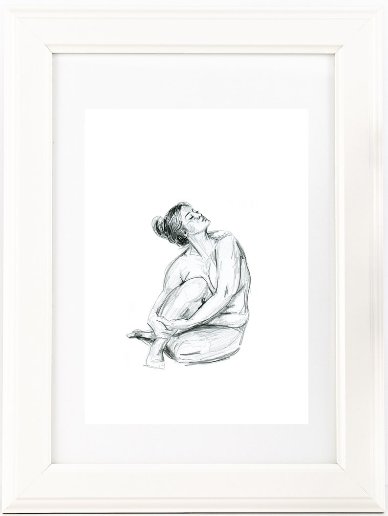 Hand drawn curvy nude female figure drawing print. Tasteful Black and White sketch. Unique Gift for her, boudoir, scandi or country style image 1
