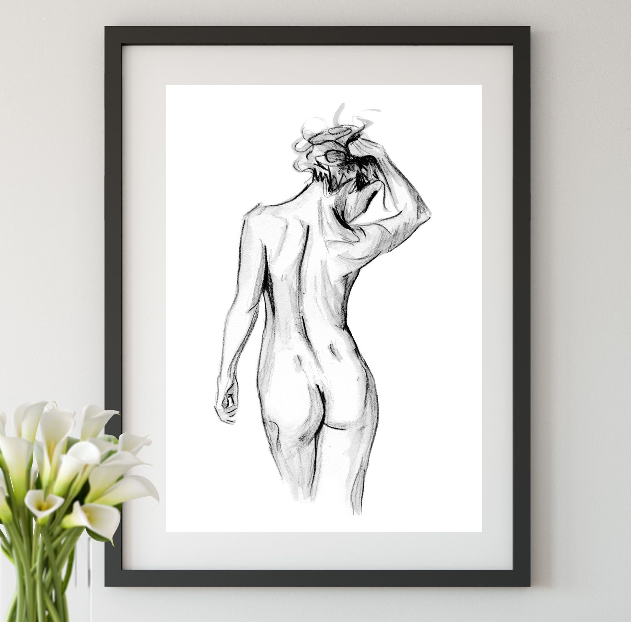 Hand Drawn Nude Female Figure Drawing Print. Black and White Sketch Art.  Unique Gift for Her, Tasteful Boudoir, Scandi, Country Style Decor 