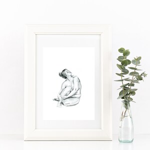 Hand drawn curvy nude female figure drawing print. Tasteful Black and White sketch. Unique Gift for her, boudoir, scandi or country style A4 21x29cm cm