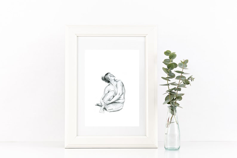 Hand drawn curvy nude female figure drawing print. Tasteful Black and White sketch. Unique Gift for her, boudoir, scandi or country style A4 21x29cm cm