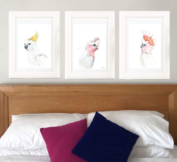 Australian native birds art print set. Cockatoo, pink Galah and Major Mitchell Watercolour pencil artworks. Unique gift, bedroom or wall art