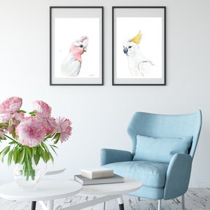 Australian native birds art print set. Cockatoo, pink Galah and Major Mitchell Watercolour pencil artworks. Unique gift, bedroom or wall art Set of 2x A3
