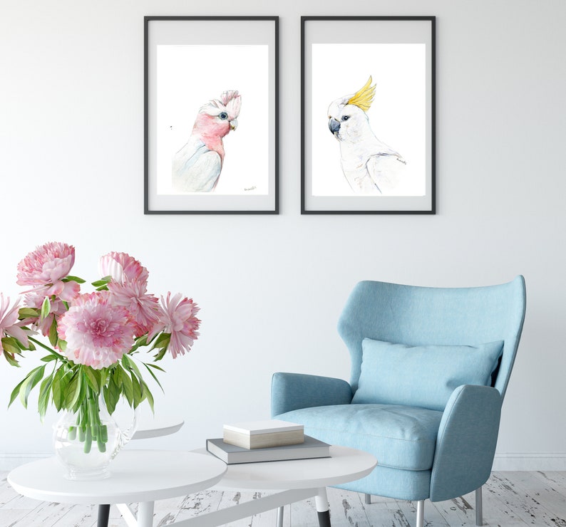 Australian native birds art print set. Cockatoo, pink Galah and Major Mitchell Watercolour pencil artworks. Unique gift, bedroom or wall art Set of 2x A3
