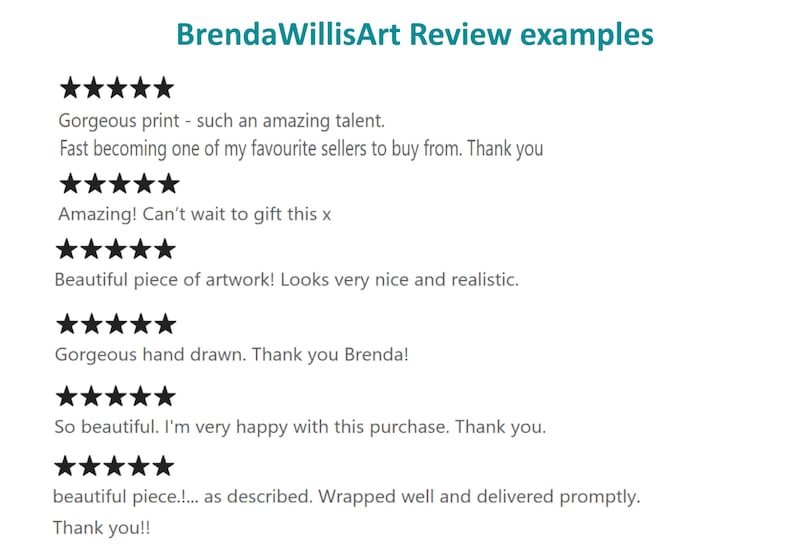 May include: A screenshot of a website showing customer reviews for artwork. The reviews are all positive and mention the artwork's quality, realism, and the artist's talent. The text includes phrases like "gorgeous print", "amazing", "beautiful piece of artwork", "gorgeous hand drawn", and "so beautiful".
