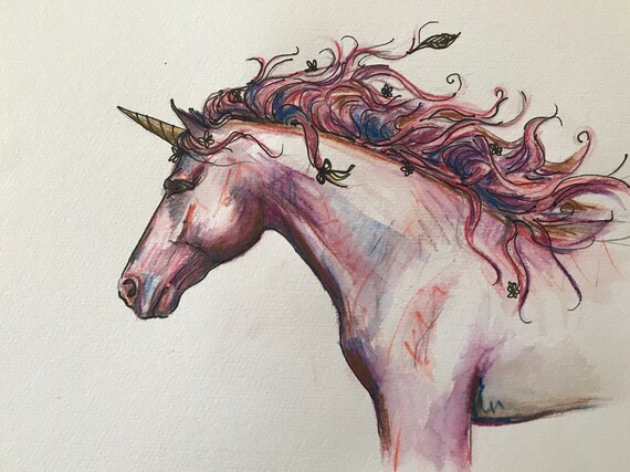 original hand drawn unicorn drawing watercolour artwork horse pencil painting art colourful rainbow gift for her girls room bedroom drawing watercolour