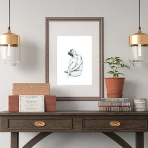 Hand drawn curvy nude female figure drawing print. Tasteful Black and White sketch. Unique Gift for her, boudoir, scandi or country style A3 29x42cm cm